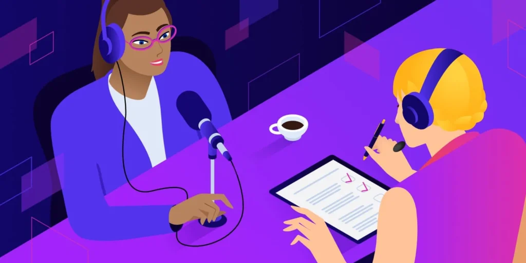 ilustração de duas mulheres conversando em um podcast ilustração de duas mulheres conversando em um podcast