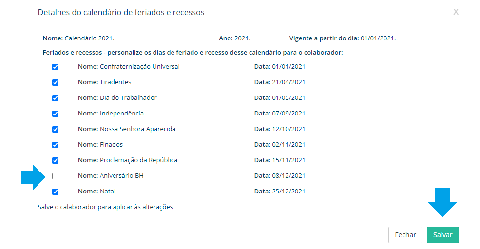 desmarcar remover feriado