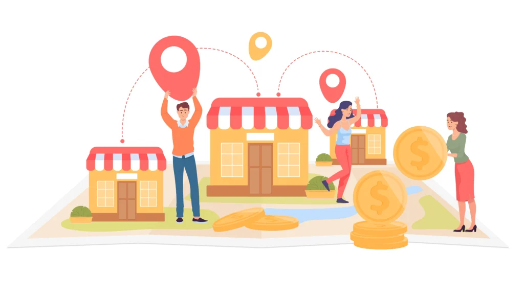 small shops owners holding location pins on map small shops owners holding location pins on map