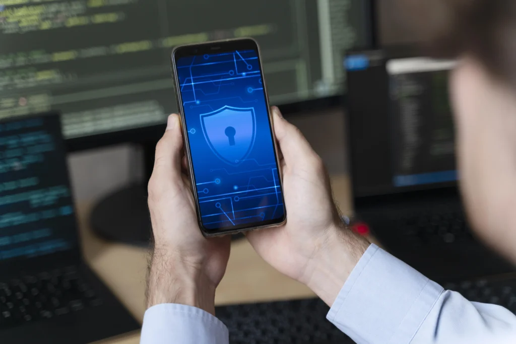 close up hands holding smartphone with lock close up hands holding smartphone with lock