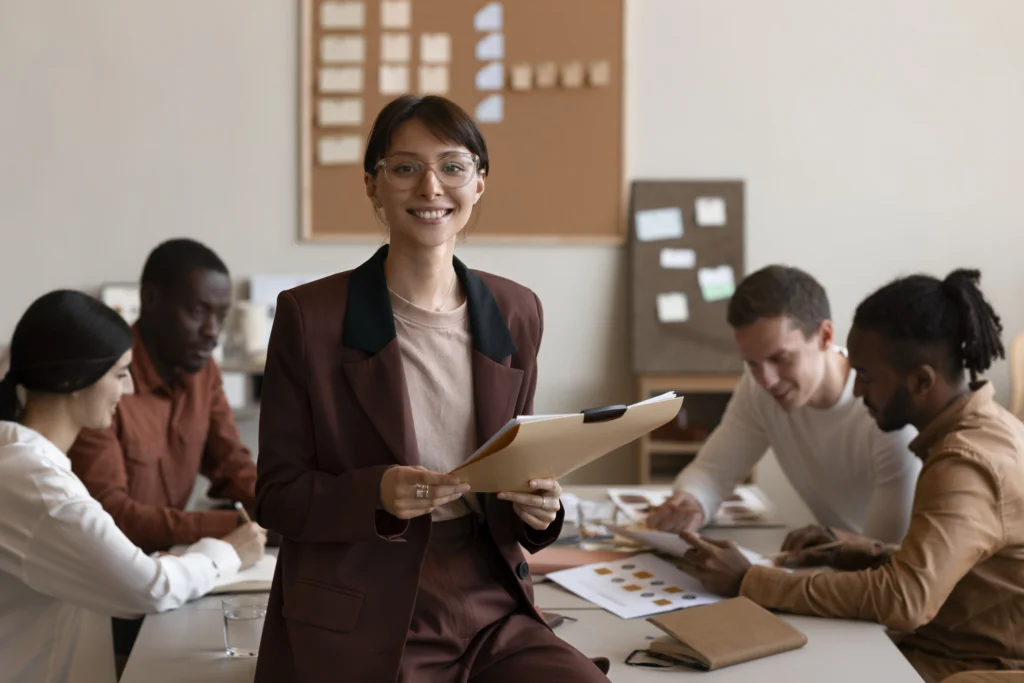 medium shot smiley woman work medium shot smiley woman work