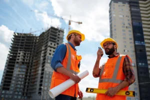 dois homens com em uma construção usando colete laranja e capacete de proteção segurando equipamentos de engenharia - Ponto digital para empresas de engenharia