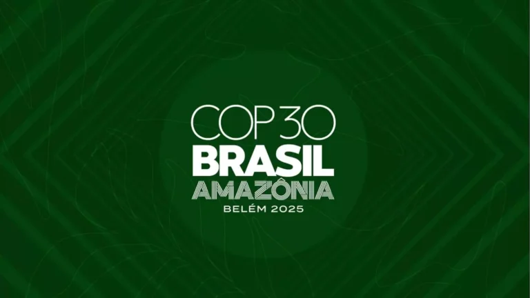 ilustração remetendo a bandeira do Brasil escrito COP30 Brasil - Amazônia - Belém 2025
