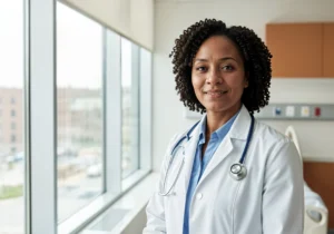 médica negra de cabelo cacheado curto usando jaleco e com estetoscópio no pescoço - controle de ponto para hospital