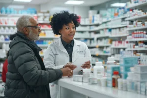 farmacêutica mulher negra de cabelo cacheado usando jaleco em uma farmácia auxiliando um cliente negro idoso a escolher seu remédio - controle de ponto para farmácias