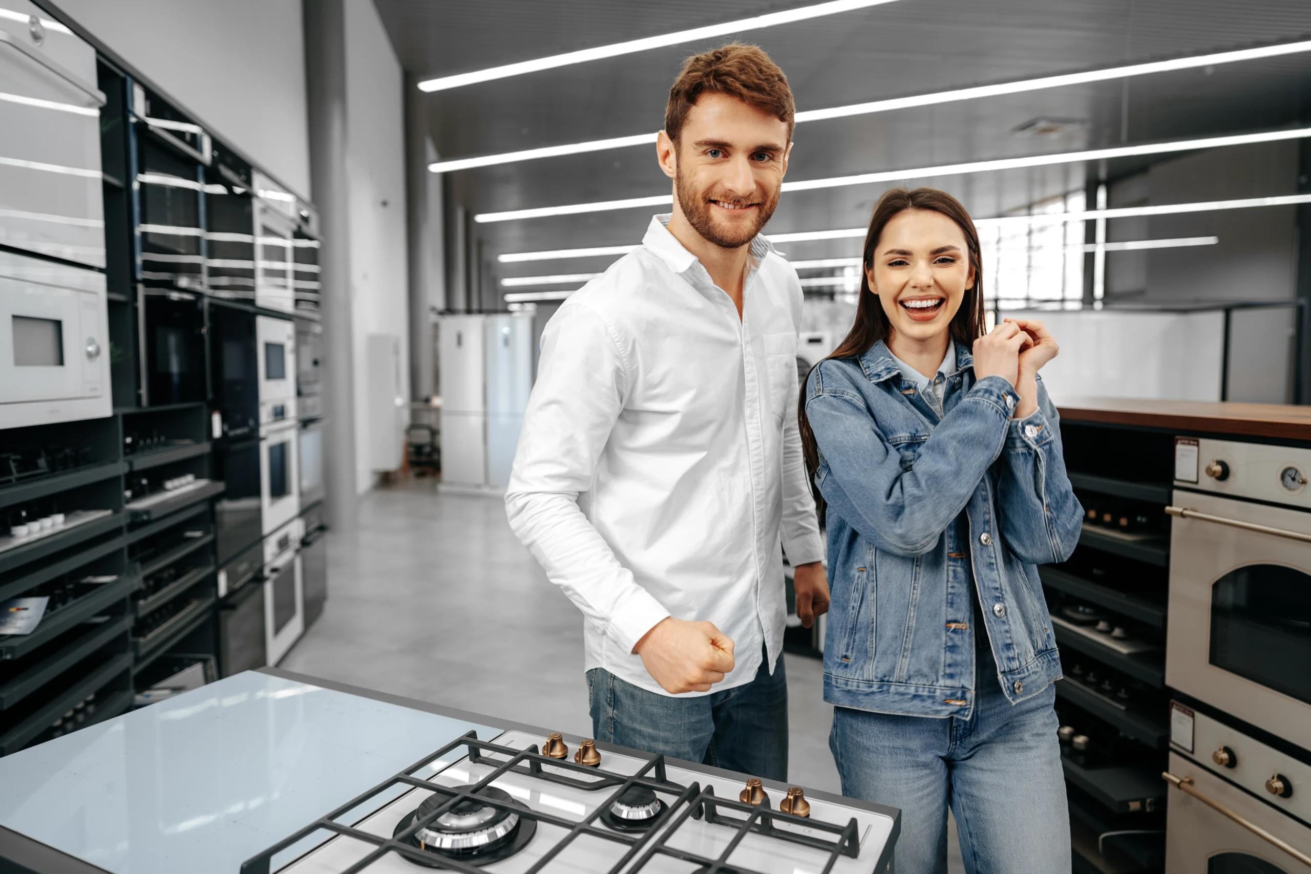 happy smiling couple just bought new household appliances hypermarket scaled happy smiling couple just bought new household appliances hypermarket scaled