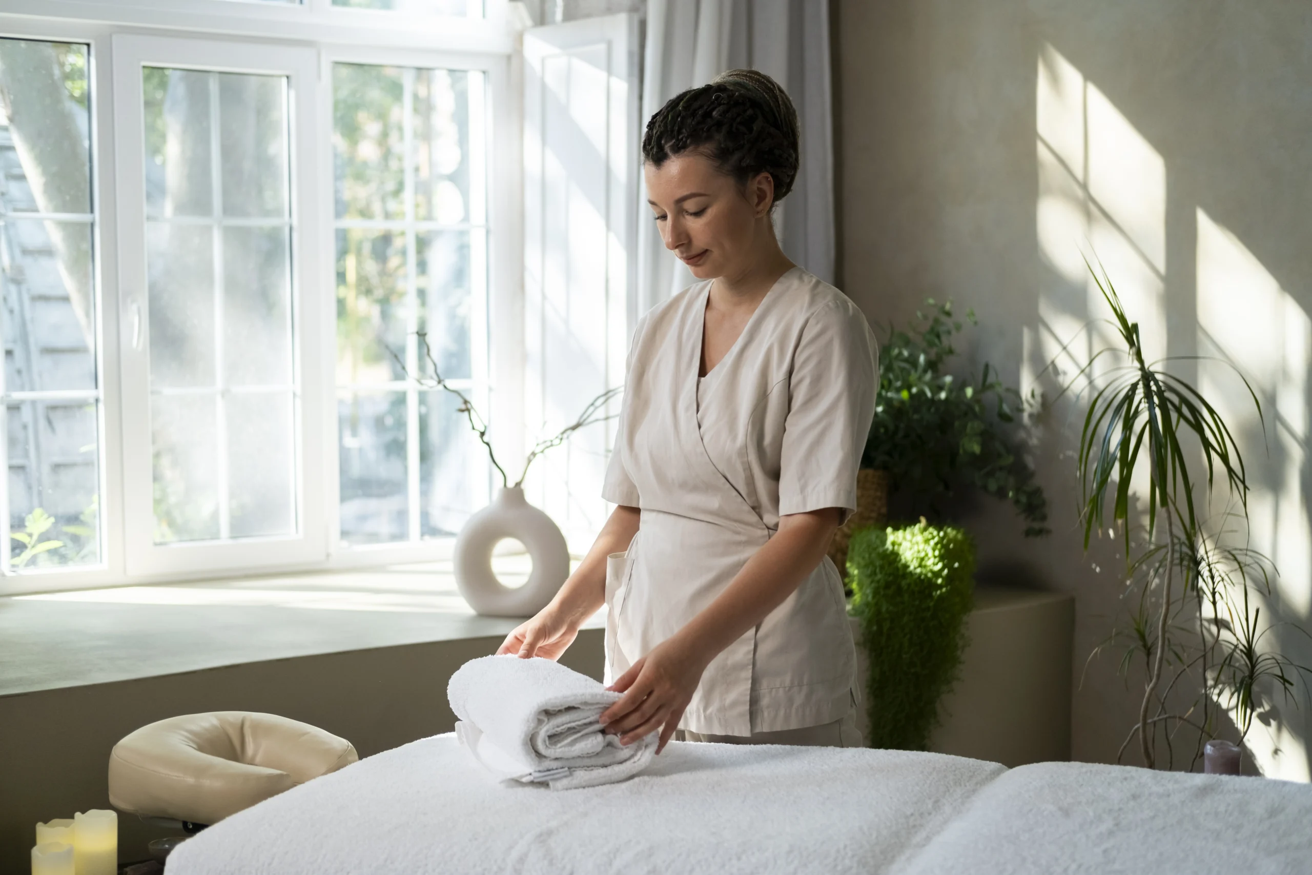 mulher de tiro medio trabalhando em um spa scaled mulher de tiro medio trabalhando em um spa scaled