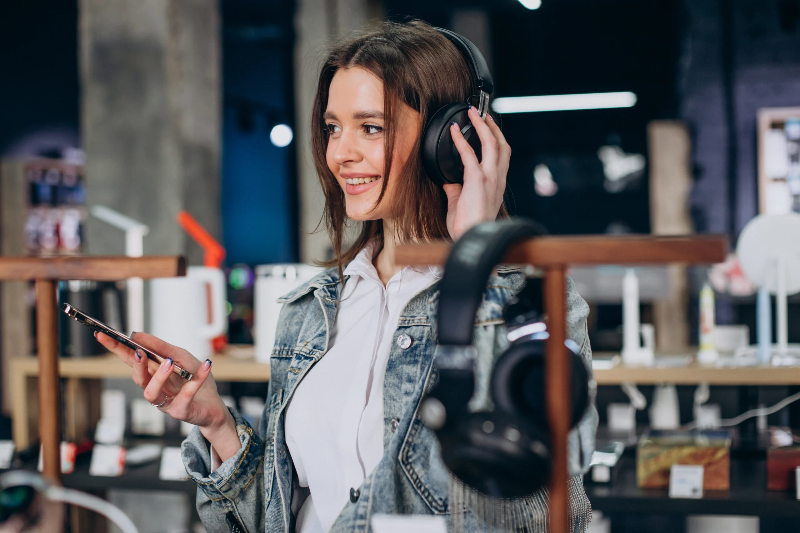 mulher escolhendo fones de ouvido na loja scaled mulher escolhendo fones de ouvido na loja scaled