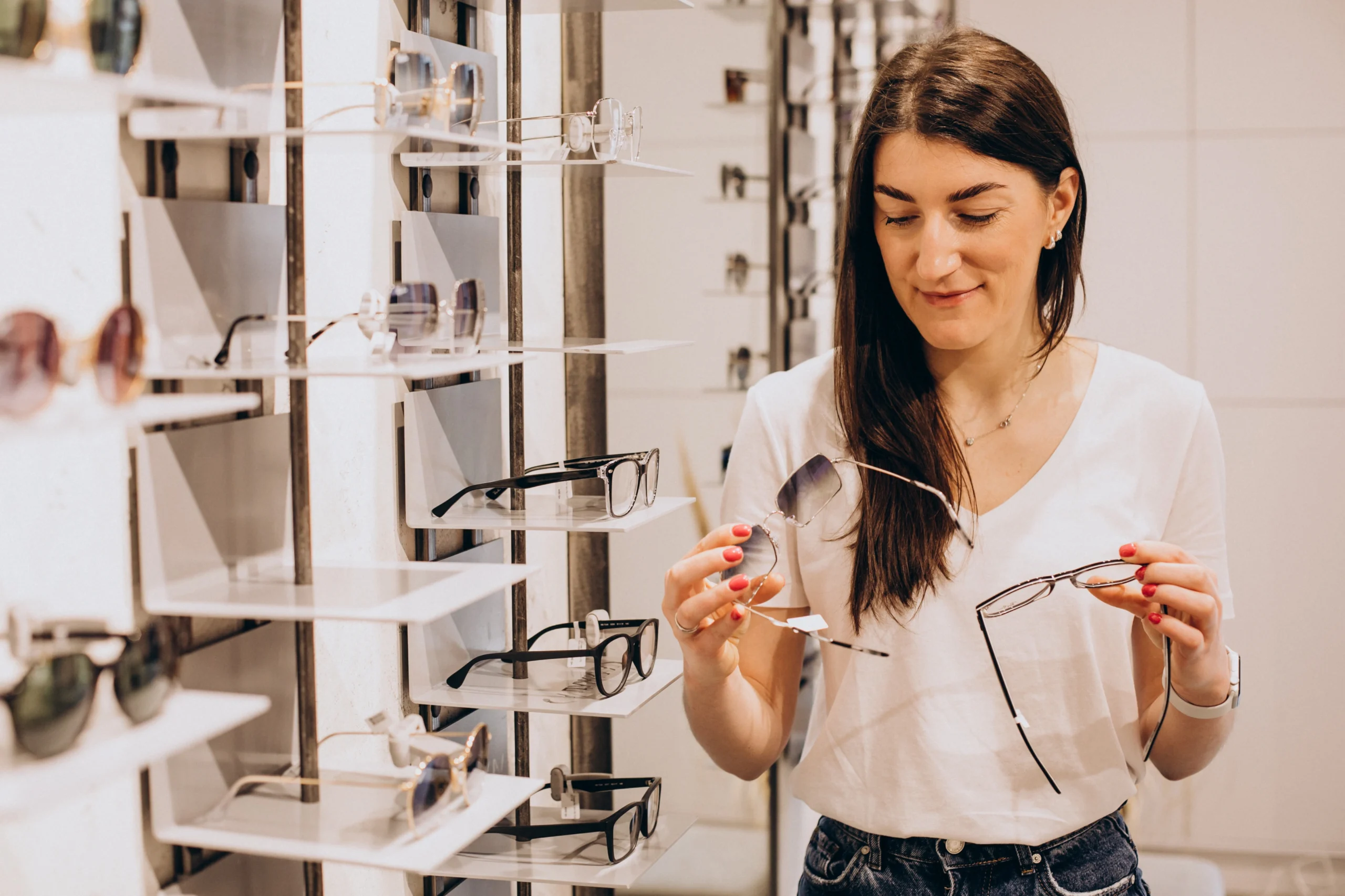 oftalmologista demonstrando oculos em loja de otica scaled oftalmologista demonstrando oculos em loja de otica scaled