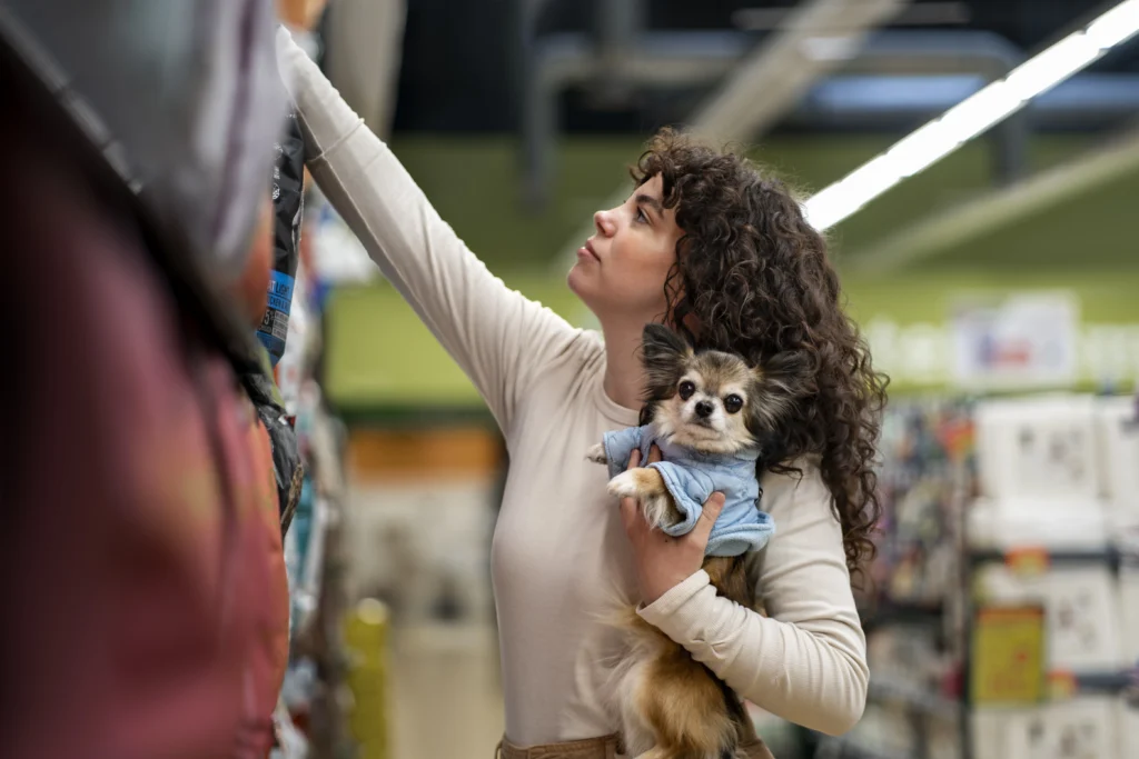 medium shot woman buying dog food medium shot woman buying dog food