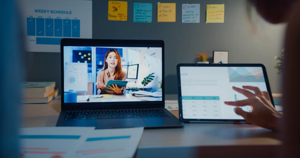 young asia financial student ladies watching lesson online studying with laptop tablet living room from home night young asia financial student ladies watching lesson online studying with laptop tablet living room from home night