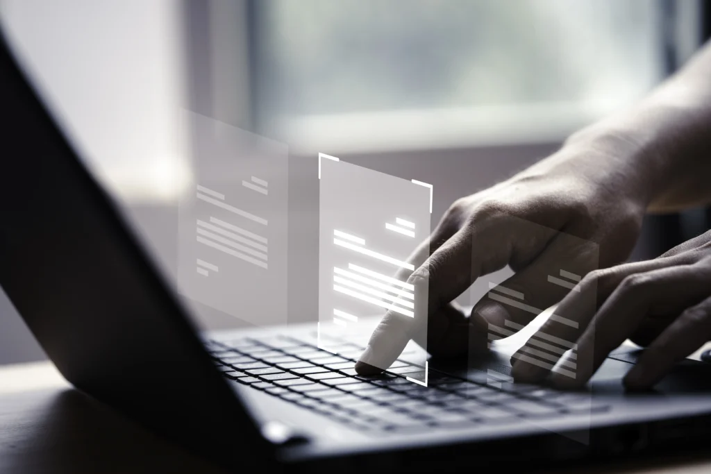 hand using laptop computer with virtual screen document online approve paperless quality assurance erp management concept hand using laptop computer with virtual screen document online approve paperless quality assurance erp management concept