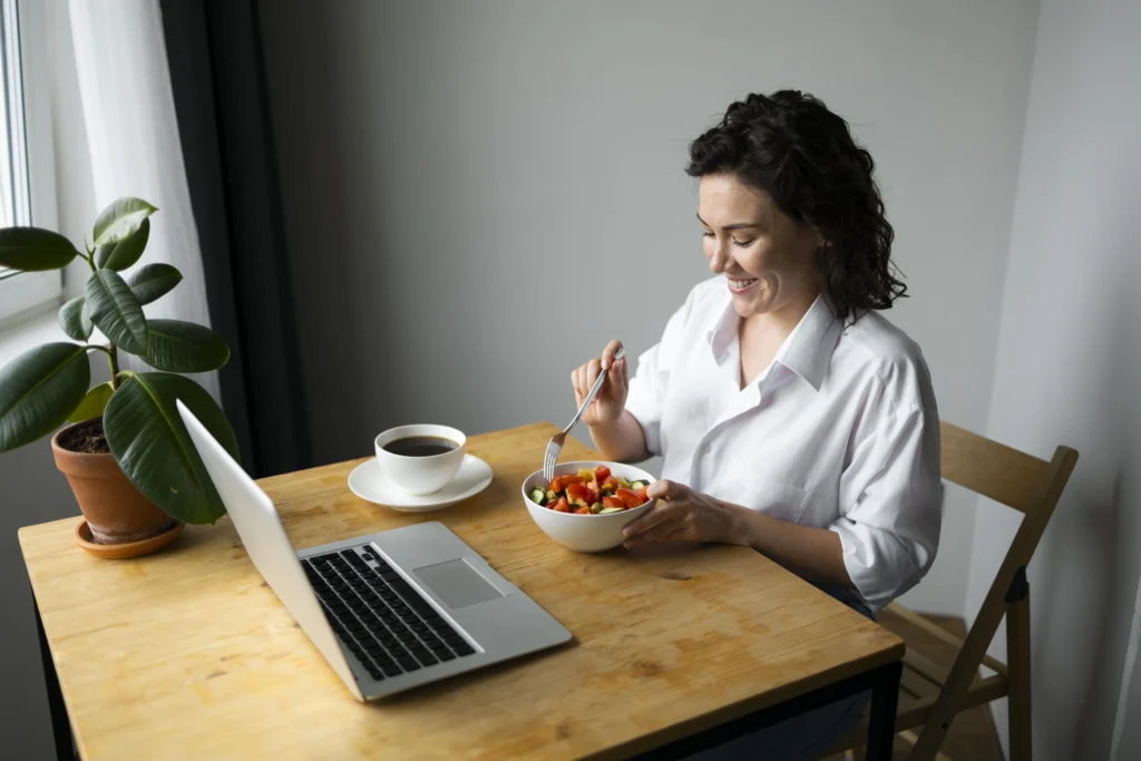 medium shot woman eating medium shot woman eating