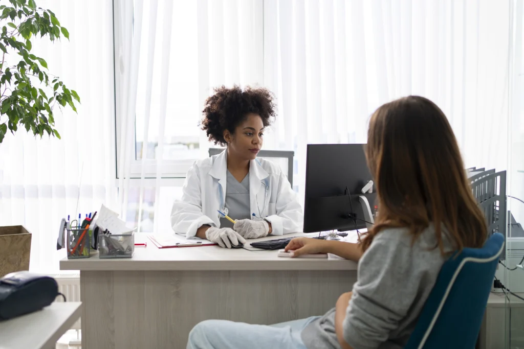 medium shot female doctor patient medium shot female doctor patient
