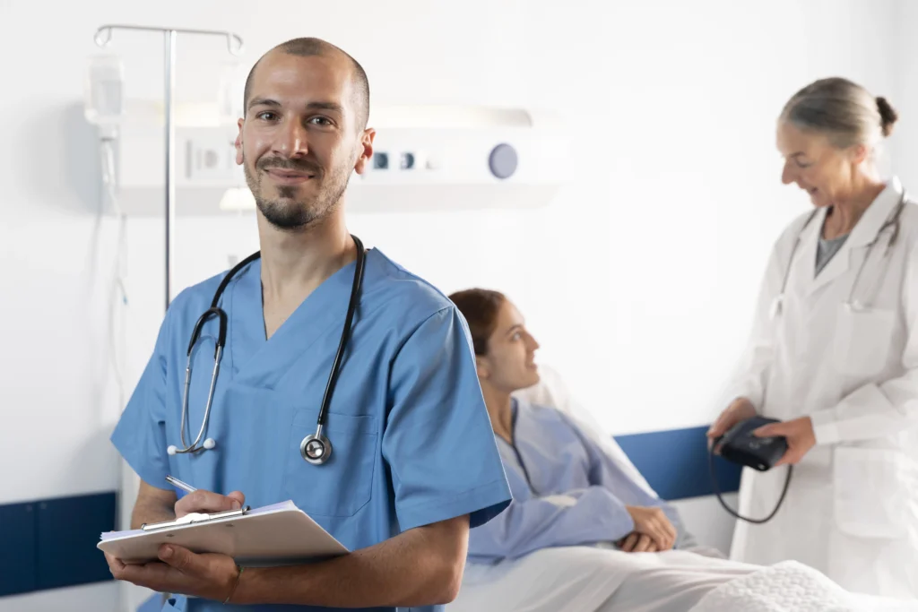 nurse doctor helping patient medium shot nurse doctor helping patient medium shot