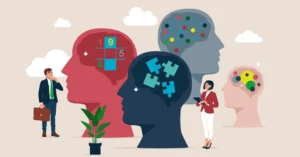 Ilustração de profissionais avaliando diferentes perfis em testes de rh.