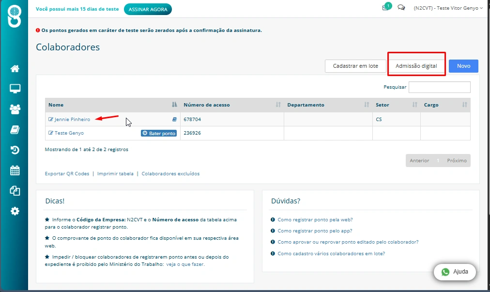 captura de tela do funcionário cadastrado na lista de colaboradores após admissão digital feita com sucesso captura de tela do funcionário cadastrado na lista de colaboradores após admissão digital feita com sucesso