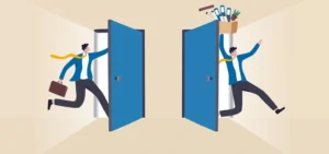 ilustração de funcionário pedindo demissão de um serviço e fazendo a Troca de emprego