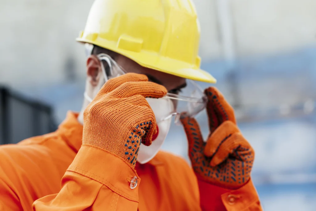 worker uniform with hard hat protective glasses operário utilizando equipamento de proteção individual em trabalho sujeito a insalubridades