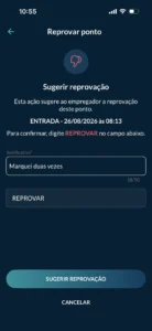 Campos de justificativa e confirmação de reprovação preenchidos Campos de justificativa e confirmação de reprovação preenchidos